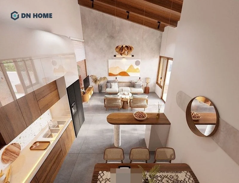 Phá bỏ tường, tạo không gian mở liên kết phòng khách và khu vực bếp