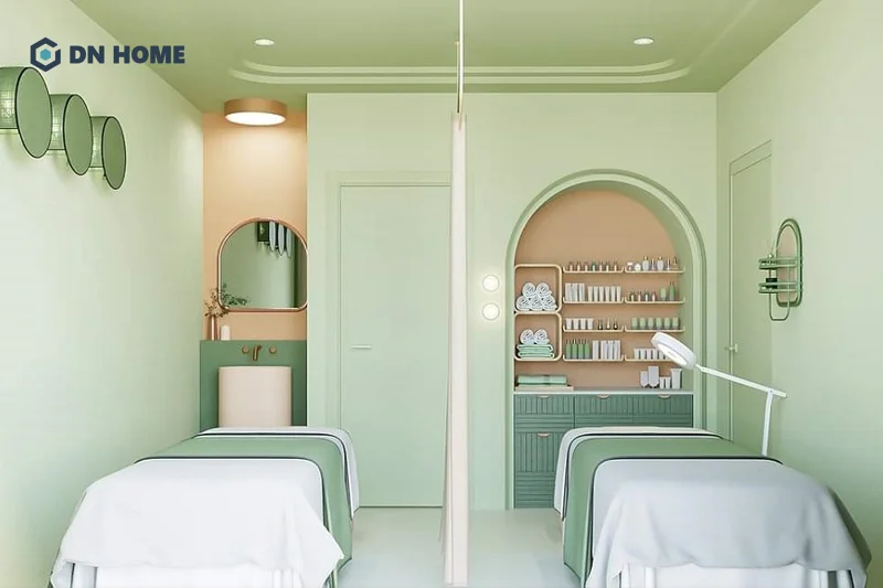 Spa được trang trí theo gam màu thiên nhiên xanh lá tạo cảm giác thoải mái, dễ chịu