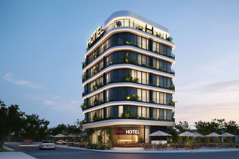 Khách sạn thiết kế theo phong cách hiện đại thường sử dụng chất liệu kính và kim loại làm chủ đạo