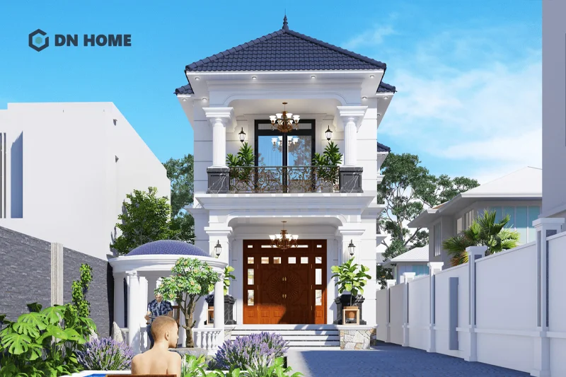 Cửa kính lớn và chi tiết cửa gỗ tạo nên vẻ đẹp tương phản ấn tượng cho nhà 1 trệt 1 lầu 5x15 mái Thái