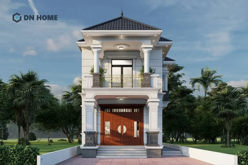 Phào chỉ nhẹ và ban công sắt nghệ thuật là đặc trưng nhà 1 trệt 1 lầu 5x15 tân cổ điển