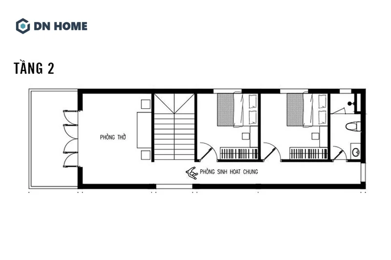 Tầng 2 là không gian sinh hoạt chung và phòng thờ, đảm bảo sự yên tĩnh và riêng tư