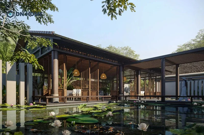 Nhà chữ L 1 tầng có hành lang dài bao quanh tạo nên cảm giác không gian sống an toàn