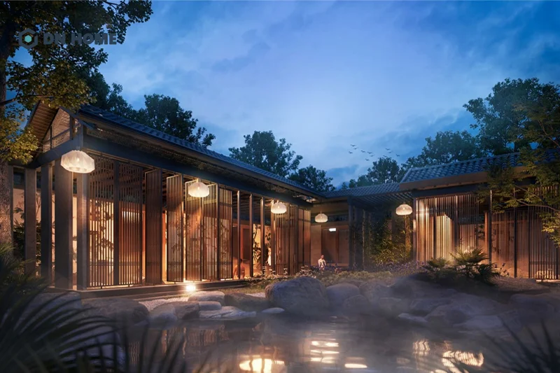 Hành lang bao quanh nhà 1 tầng chữ L giúp tận dụng nguồn ánh sáng tự nhiên hiệu quả hơn