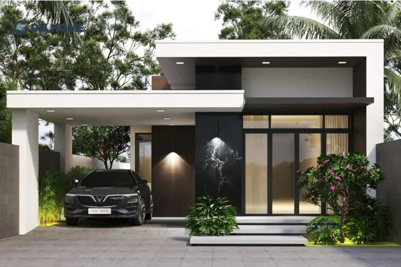 Nhà chữ L 1 tầng thiết kế có gara giúp tăng thêm tiện ích, thuận tiện bảo quản phương tiện