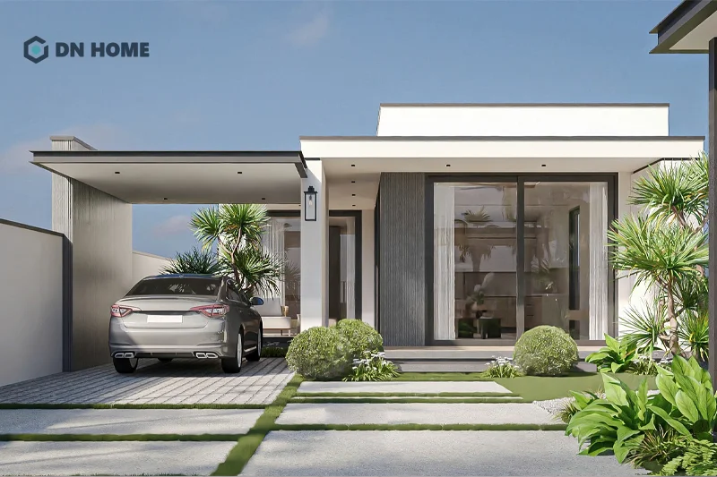 Thiết kế nhà chữ L 1 tầng có gara cần lưu ý về hệ thống mái hiên để đảm bảo độ bền đẹp