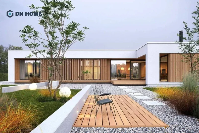 Thiết kế nhà L 1 tầng không gian mở với mái bằng tạo nên không gian sống hiện đại, tiện nghi