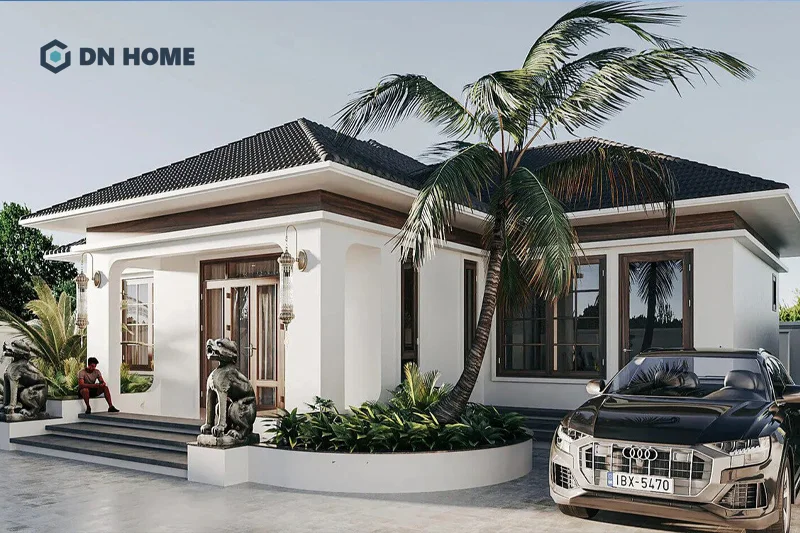 Nhà chữ L mái bằng 1 tầng tạo nên hình khối vuông vức, vững chắc cho ngôi nhà