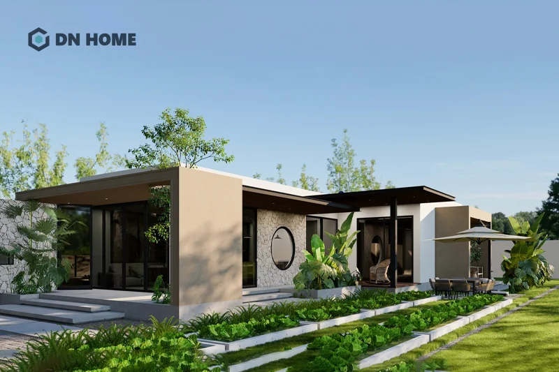 Mẫu nhà 1 tầng chữ L phong cách hiện đại thường thiết kế mái bằng để mang đến vẻ đẹp thời thượng