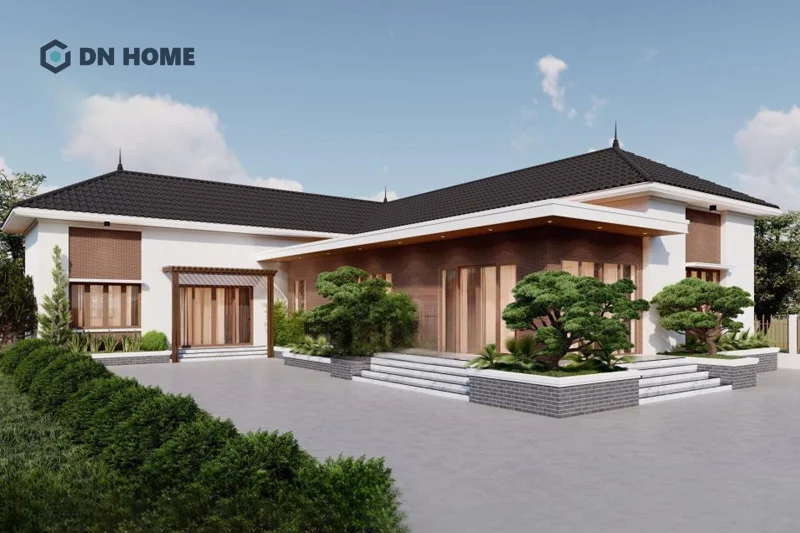 Gam màu nâu - trắng làm chủ đạo giúp nhà chữ L 1 tầng 4 phòng ngủ vừa về thế, vừa ấm cúng