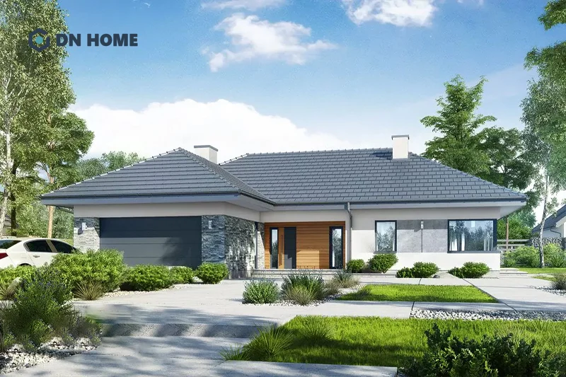 Ống khói là đặc trưng nổi bật trong thiết kế nhà chữ L 1 tầng phong cách Châu Âu