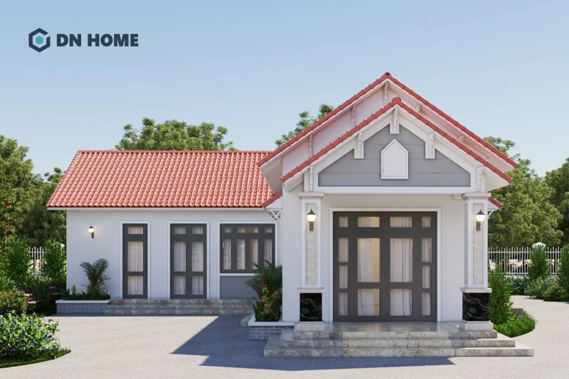 Mái Thái đỏ giúp nhà 1 tầng chữ L trở nên nổi bật hơn, thu hút ánh nhìn từ xa