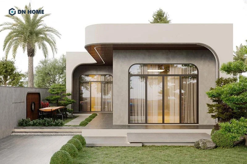 Nhà chữ L 1 tầng thiết kế ấn tượng với đường cong bo tròn mềm mại, nhẹ nhàng và tinh tế