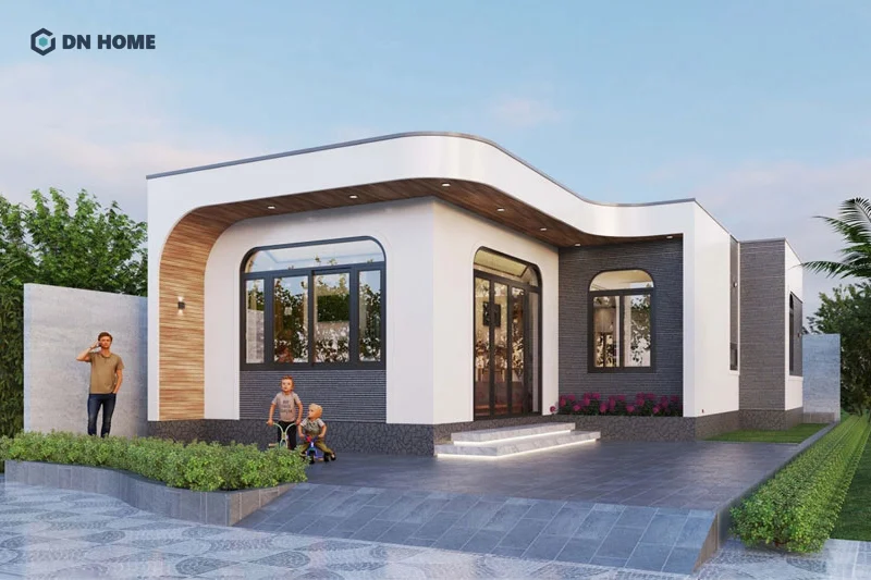 Mẫu nhà 1 tầng chữ L với đường cong bo tròn giúp nâng cao tính thẩm mỹ tổng thể ngôi nhà