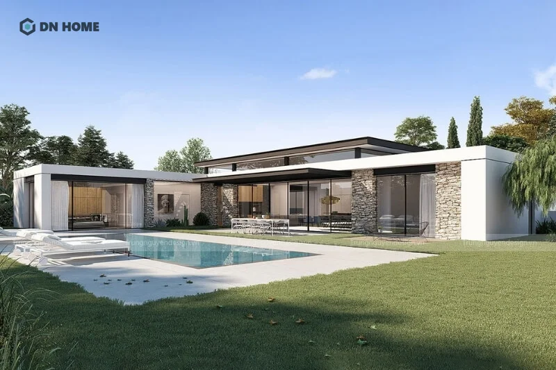 Với những khu đất có diện tích rộng, mẫu nhà chữ L có hồ bơi với 1 tầng là gợi ý lý tưởng