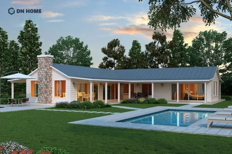 Góc khuyết nhà chữ L thường được tận dụng để xây dựng bể bơi, tận dụng diện tích hiệu quả