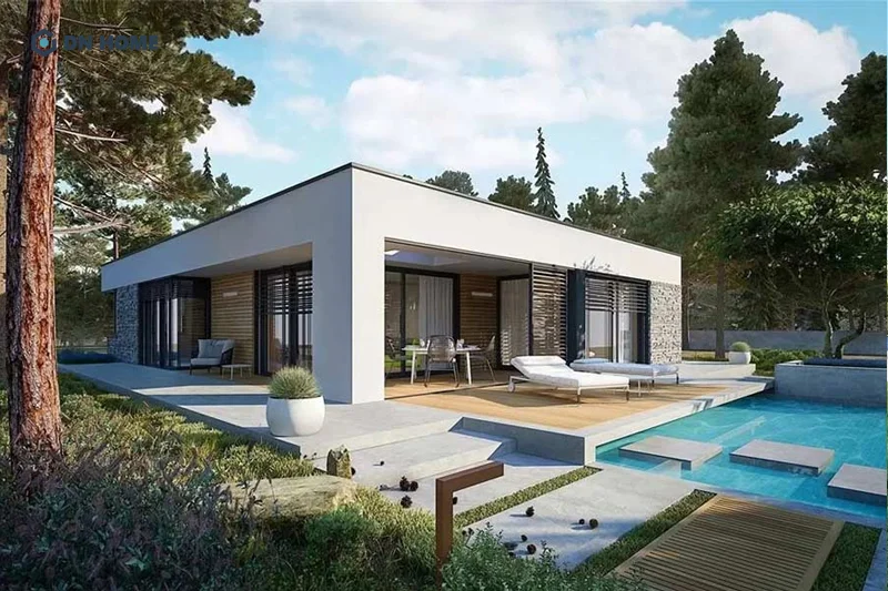 Nhà chữ L 1 tầng phong cách nghỉ dưỡng thường thiết kế theo không gian mở, tận dụng ánh sáng tự nhiên