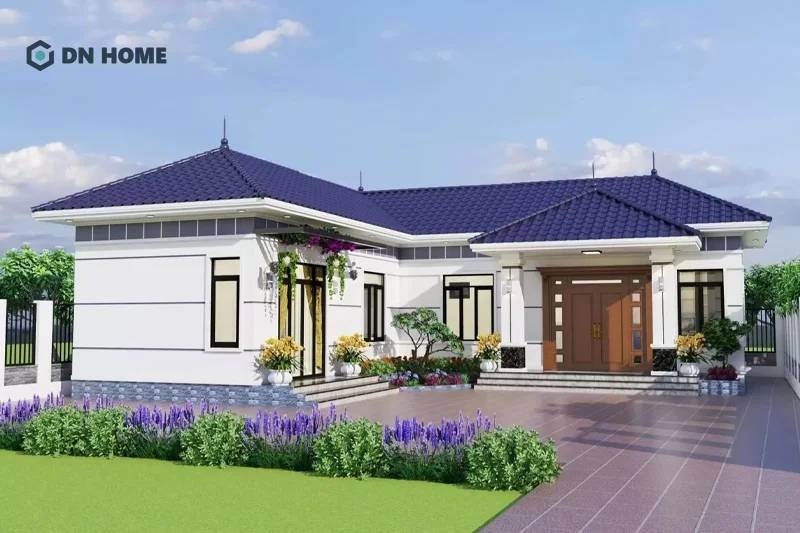 Hệ trụ cột cũng giúp nhà chữ L 1 tầng tăng thêm vẻ đẹp sang trọng, đẳng cấp