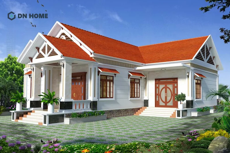 Nhà 1 tầng chữ L nông thôn rộng thoáng giúp tận dụng tối đa góc khuyết làm sân vườn rộng lớn