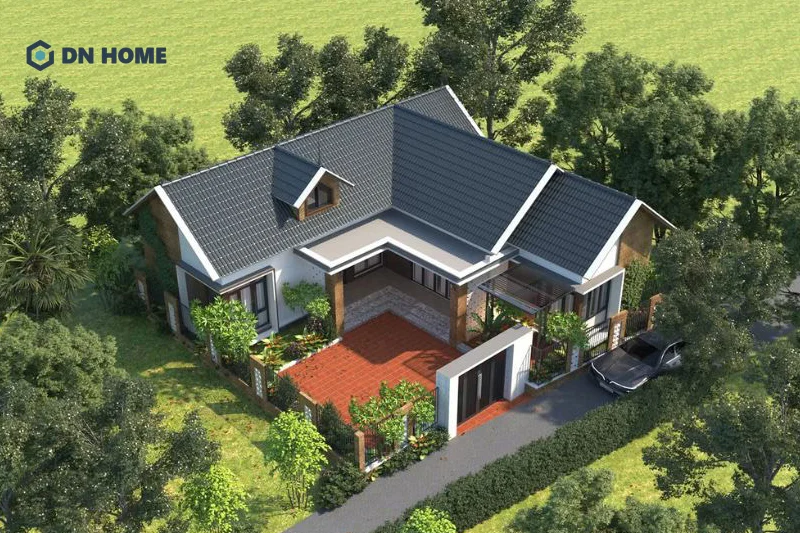 Góc khuyết trong mẫu nhà 1 tầng chữ L ở nông thôn thường được lát gạch đỏ