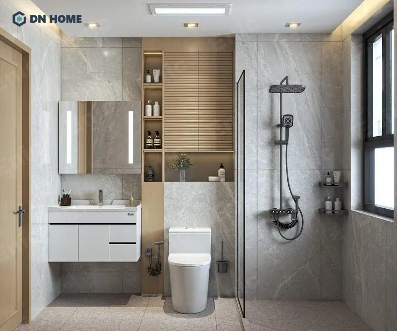 Mẫu thiết kế nhà 2 tầng 6x15m với nhà vệ sinh hiện đại, sử dụng vách ngăn tiết kiệm tối đa không gian