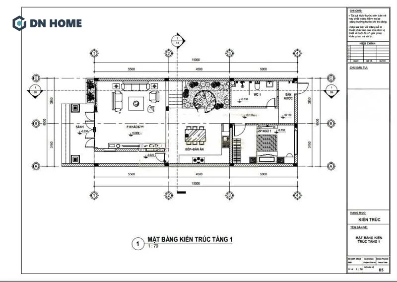 Mặt bằng kiến trúc tầng 1 của mẫu thiết kế nhà 2 tầng 6x15m mái nhật