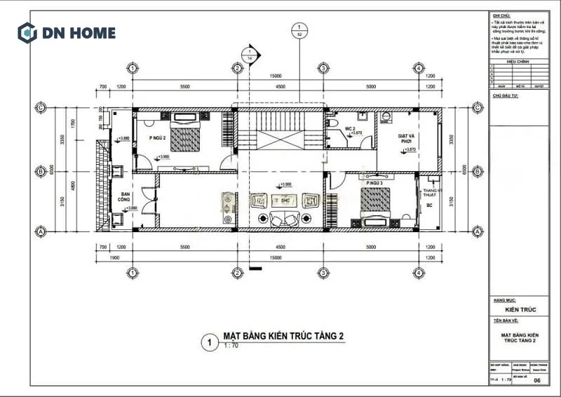 Mặt bằng công năng khu vực tầng 2 của mẫu thiết kế nhà 2 tầng 6x15m