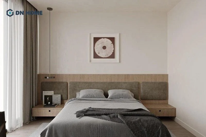 Không gian phòng ngủ phụ ở tầng 2 được bố trí thêm kệ tủ nhỏ gọn