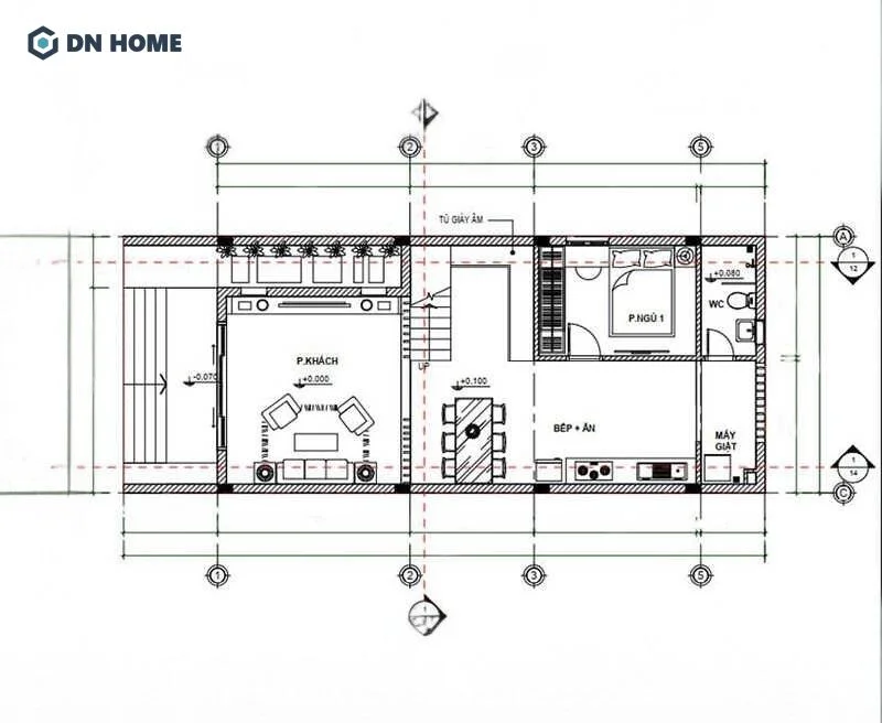 Mặt bằng công năng tầng trệt của mẫu thiết kế nhà 2 tầng 6x15m mái bằng