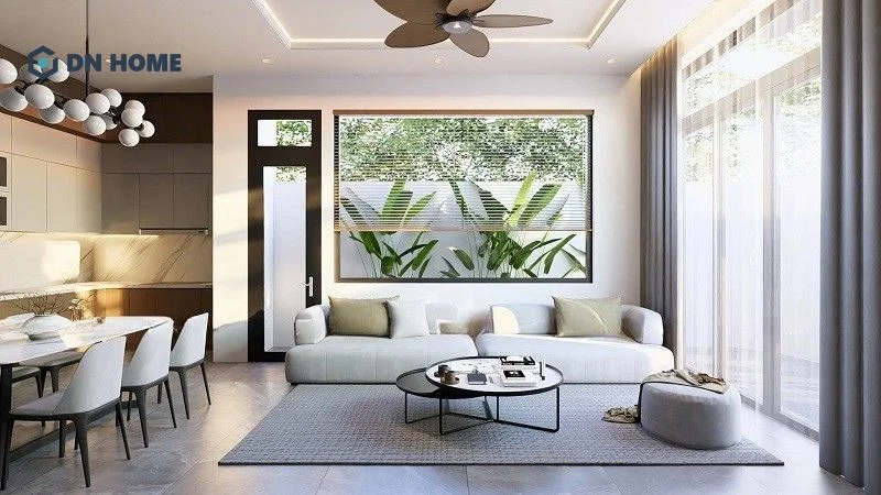 Mẫu thiết kế nhà 2 tầng 6x15m với không gian phòng khách trang trí đơn giản nhưng vẫn toát lên vẻ hiện đại, sang trọng