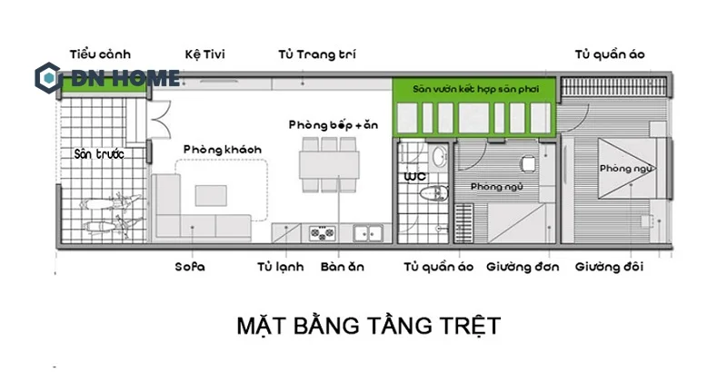 Mặt bằng tầng trệt của nhà cấp 4 2 phòng ngủ 60m2 có sân trước
