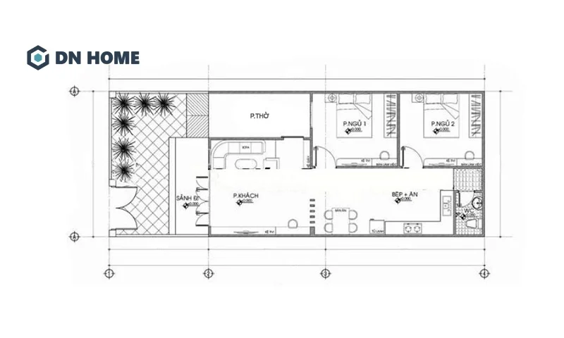 Mặt bằng công năng nhà cấp 4 2 phòng ngủ 5x12 có phòng thờ