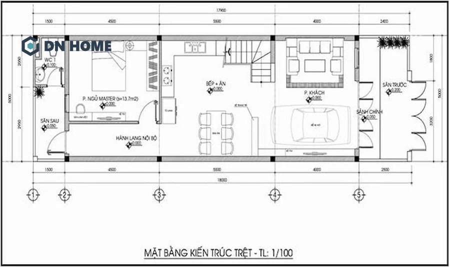 Mặt bằng công năng của thiết kế nhà cấp 4 với 2 phòng ngủ 5x12m có gác lửng