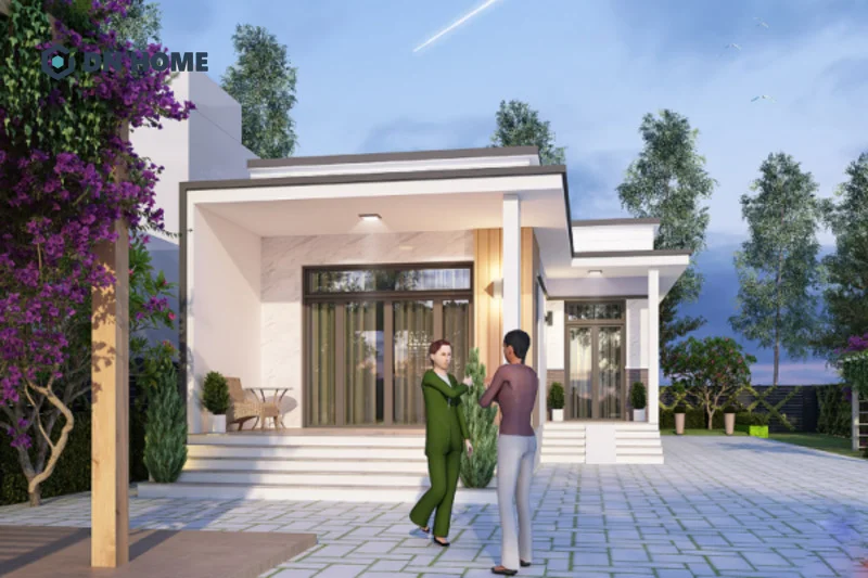 Cửa kính lớn thường được sử dụng để tạo điểm nhấn hiện đại cho nhà cấp 4 chữ L phong cách tối giản