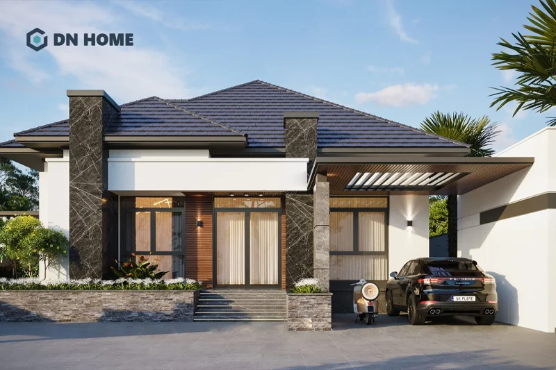 Nhà cấp 4 phong cách hiện đại chữ L thường kết hợp đa dạng chất liệu xây dựng