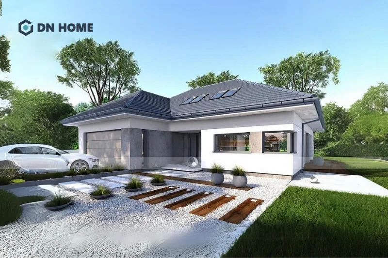 Chất liệu kính là đặc trưng trong thiết kế nhà cấp 4 3 phòng ngủ chữ L phong cách hiện đại