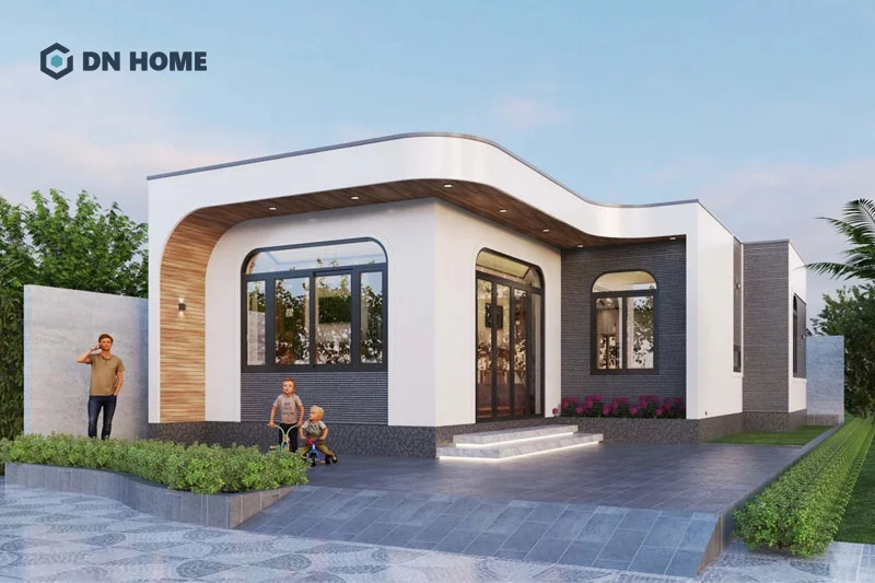 Hệ mái bằng được cách điệu uốn cong bo tròn tạo nên điểm nhấn thẩm mỹ cho ngôi nhà