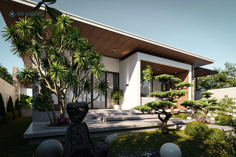 Nhà cấp 4 mái bằng có sân vườn cần chú ý chọn hướng đón nắng phù hợp để cây phát triển ổn định