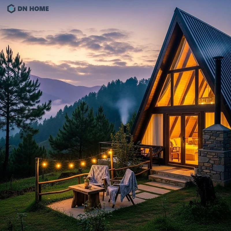 Không gian homestay lung linh vào chập chiều với ánh đèn vàng lãng mạn