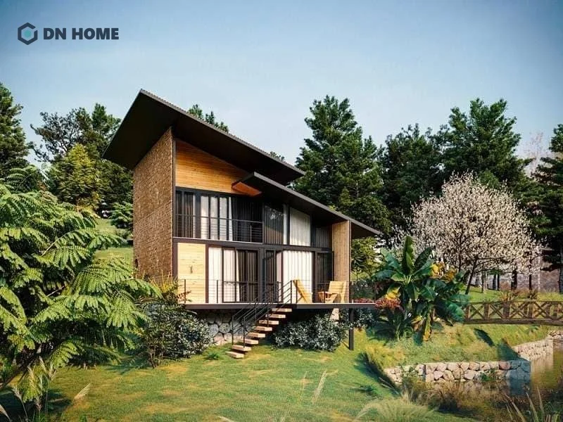 Phần ngoài của homestay gây ấn tượng mạnh với thiết kế mái lệch