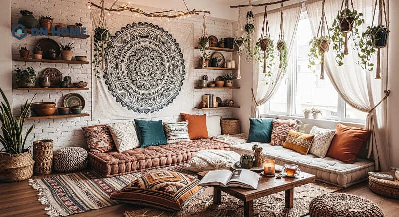 Không gian sinh hoạt chung với màu sắc sặc sỡ đặc trưng