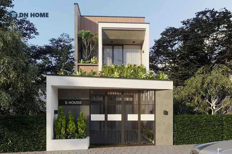 Kết hợp đa chất liệu và màu sắc giúp nâng cao tính thẩm mỹ cho nhà ống mái bằng 2 tầng