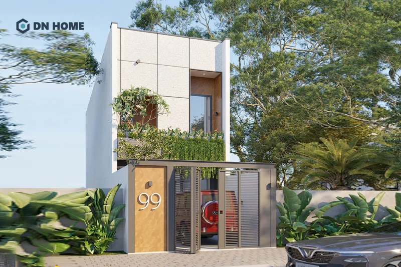 Nhà ống 2 tầng hiện đại sử dụng các khối hình học vuông vức tạo điểm nhấn thị giác ấn tượng