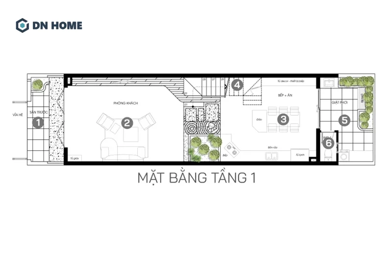 Tầng 1 được thiết kế là nơi sinh hoạt chung với khu vực thông tầng ở trung tâm làm điểm nhấn