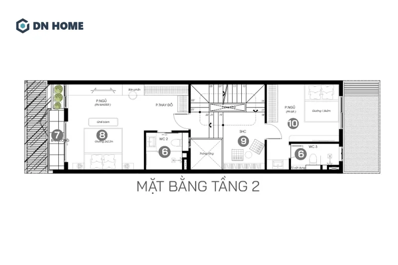 Công năng tầng 2 được bố trí khoa học với các khu vực phòng ngủ riêng tư, yên tĩnh
