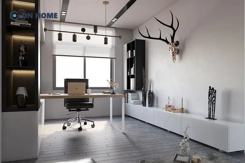 Kết hợp ánh sáng tự nhiên vào phòng làm việc tối giản giúp không gian trông rộng rãi, thoải mái hơn