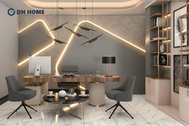 Hệ thống đèn chiếu ấn tượng là điểm nhấn đặc trưng trong phòng làm việc cá nhân cao cấp
