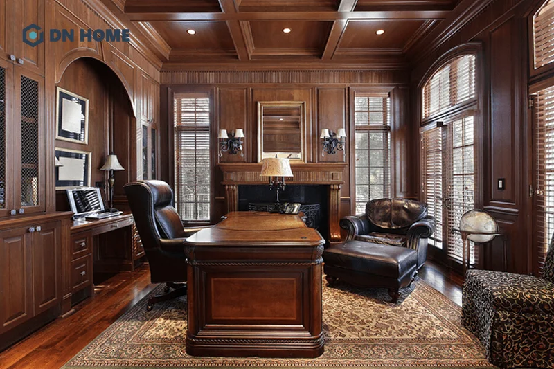 Phòng làm việc phong cách cổ điển thường sử dụng tone màu trầm tạo cảm giác quyền lực, uy nghi