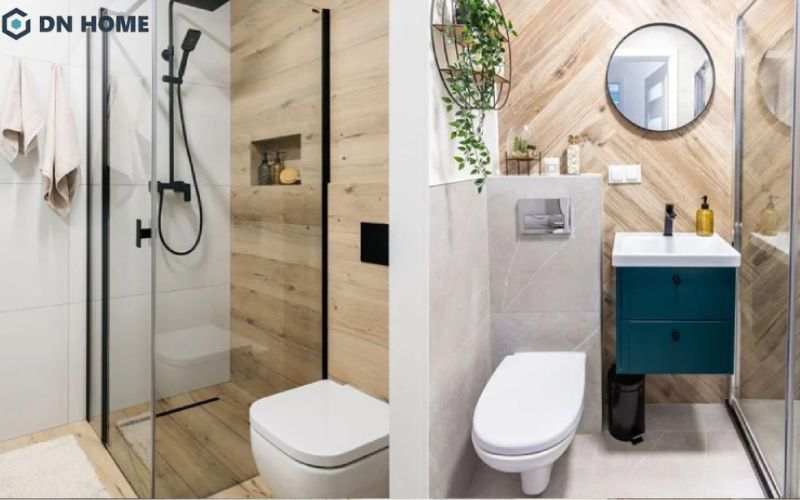 Nhà vệ sinh 4m2 thiết kế theo phong cách Bắc Âu sử dụng chất liệu gỗ sáng màu chủ đạo