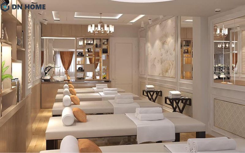 Mẫu spa tại nhà được thiết kế thoáng rộng với gam màu trung tính sáng tinh tế